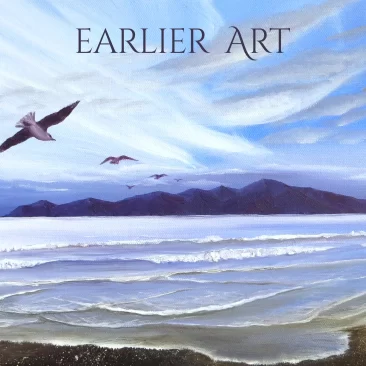 Painting of Kapiti Island from Raumati Beach, New Zealand. Blues and purples in colour. Seagulls flying towards the island. One detailed in the foreground.