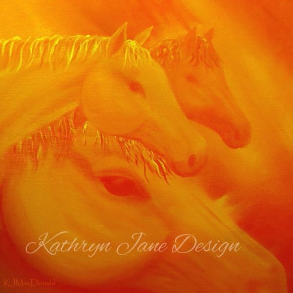 Tangerine Dream Team Intuitive Oil Painting. Three horses emerging from random paint brushstrokes in vibrant shades of orange. Inspirational energy of sacral chakra.