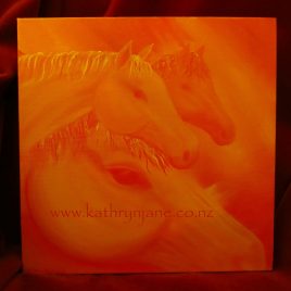 Tangerine Dream Team Intuitive Oil Painting. Three horses emerging from random paint brushstrokes in vibrant shades of orange. Inspirational energy of sacral chakra.