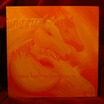 Tangerine Dream Team Intuitive Oil Painting. Three horses emerging from random paint brushstrokes in vibrant shades of orange. Inspirational energy of sacral chakra.