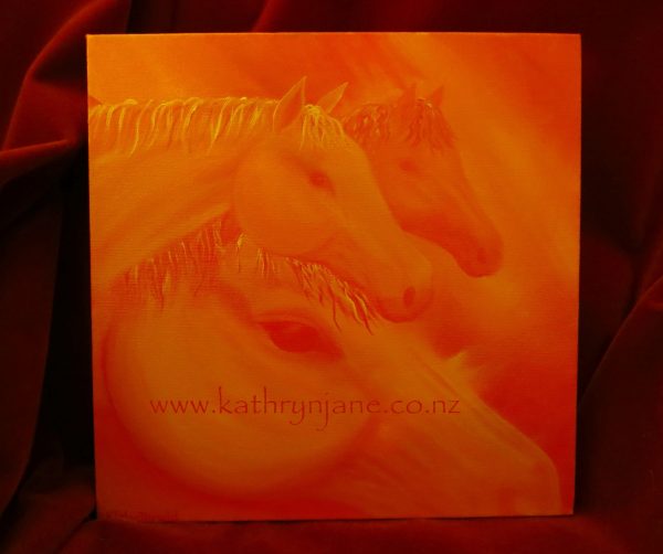 Tangerine Dream Team Intuitive Oil Painting. Three horses emerging from random paint brushstrokes in vibrant shades of orange. Inspirational energy of sacral chakra.