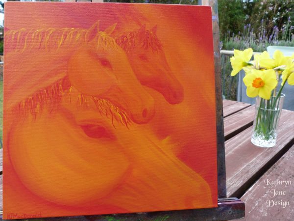 Tangerine Dream Team Intuitive Oil Painting. Three horses emerging from random paint brushstrokes in vibrant shades of orange. Inspirational energy of sacral chakra.