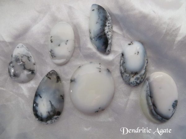 Dendritic agate Dendritic agate gemstone crystal. Seven cabochons, shapes including oval, pear and basically round. White stones with black inclusions, and areas of transparency. White satin background.
