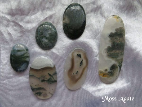 Moss agate Moss agate gemstone crystals. Six oval cabochons, with various degrees of colour and transparency. Greens, white and wee slivers of brown. They look like moss in water. White satin background.