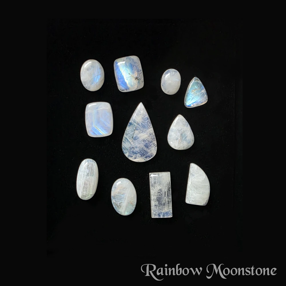 Rainbow moonstone cabochons, indoor natural light