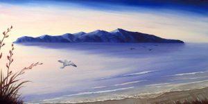 Oil painting of Kapiti Island, by Kathryn Jane Design. Hues of cobalt blue and soft pink. Silhouette of four seagulls in the distance. Detail of a gull in flight, slightly to the left of the centre.