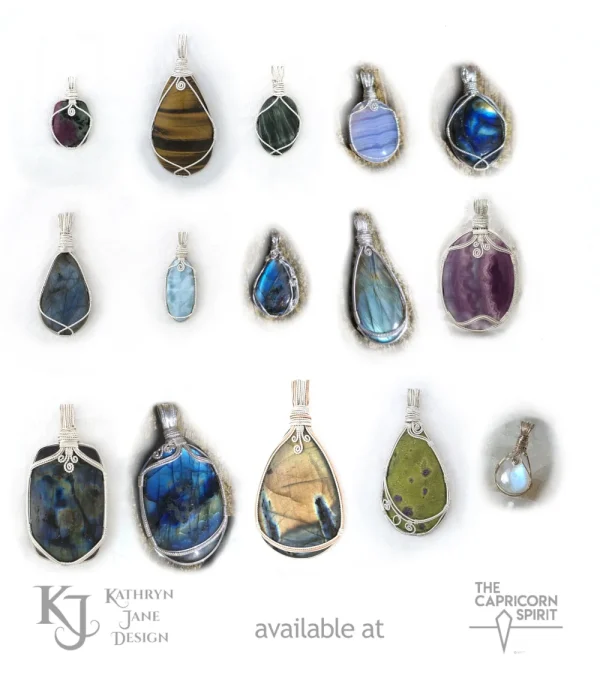 Kathryn Jane Design pendants available at the Capricorn Spirit Kathryn Jane Design pendants available at the Capricorn Spirit. 14 sterling silver wire-wrapped pendants and one 9 carat gold moonstone pendant on a white background