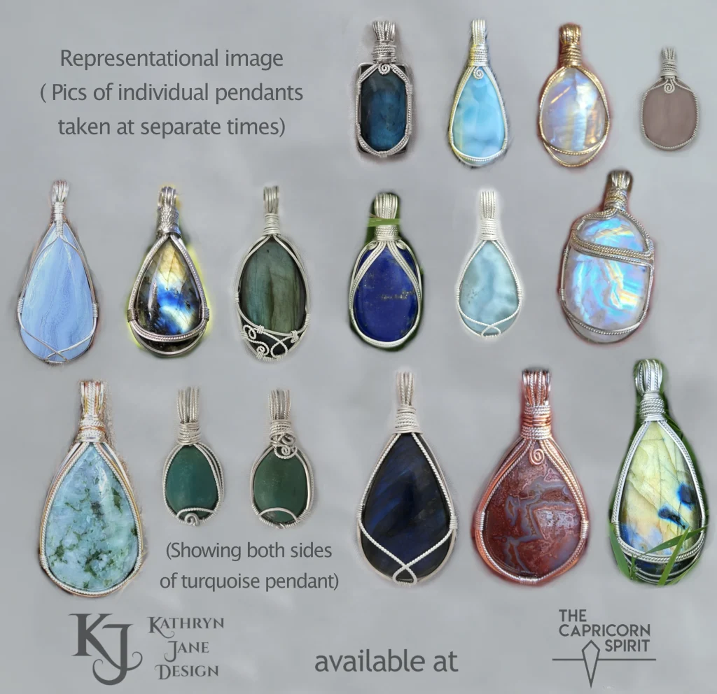 Kathryn Jane Design pendants available at the Capricorn Spirit. 13 sterling silver wire-wrapped pendants, one 14K gold-filled rainbow moonstone pendant, and one large rainbow moonstone with sterling silver and 14K gold-filled wire, on a white background