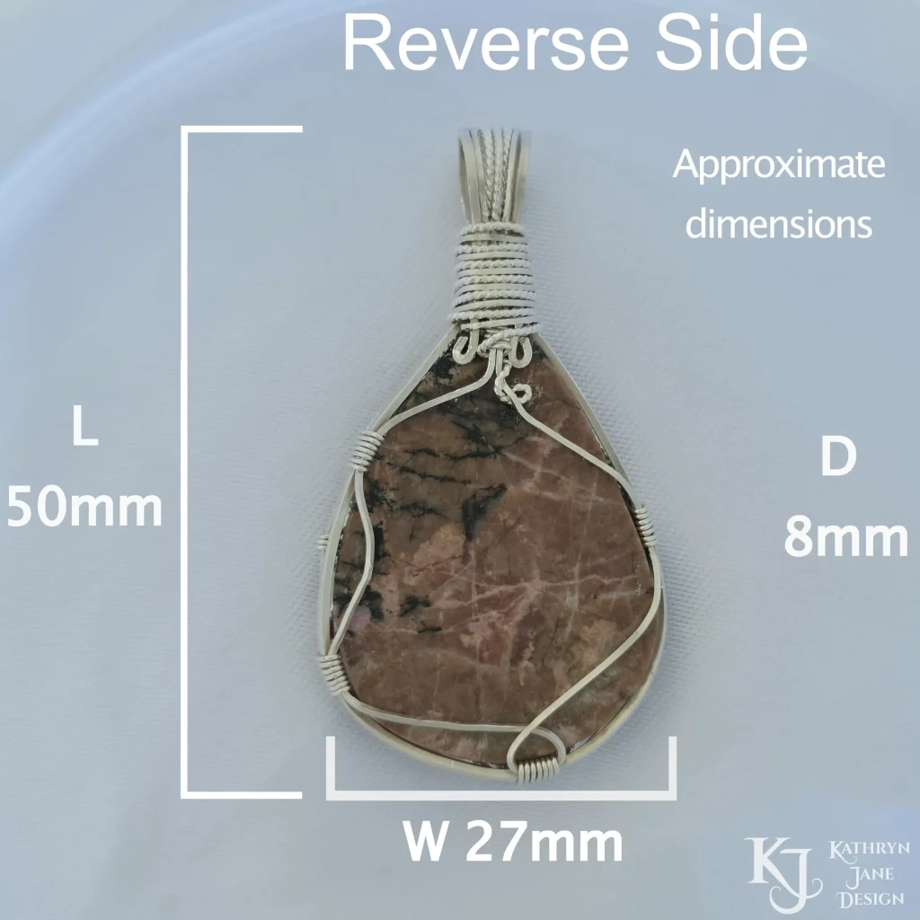 Reverse side of rhodonite pendant. Dimensions length 50mm, width 27mm depth 8mm. Kathryn Jane Design sterling silver wire wrapped pendant, rhodonite