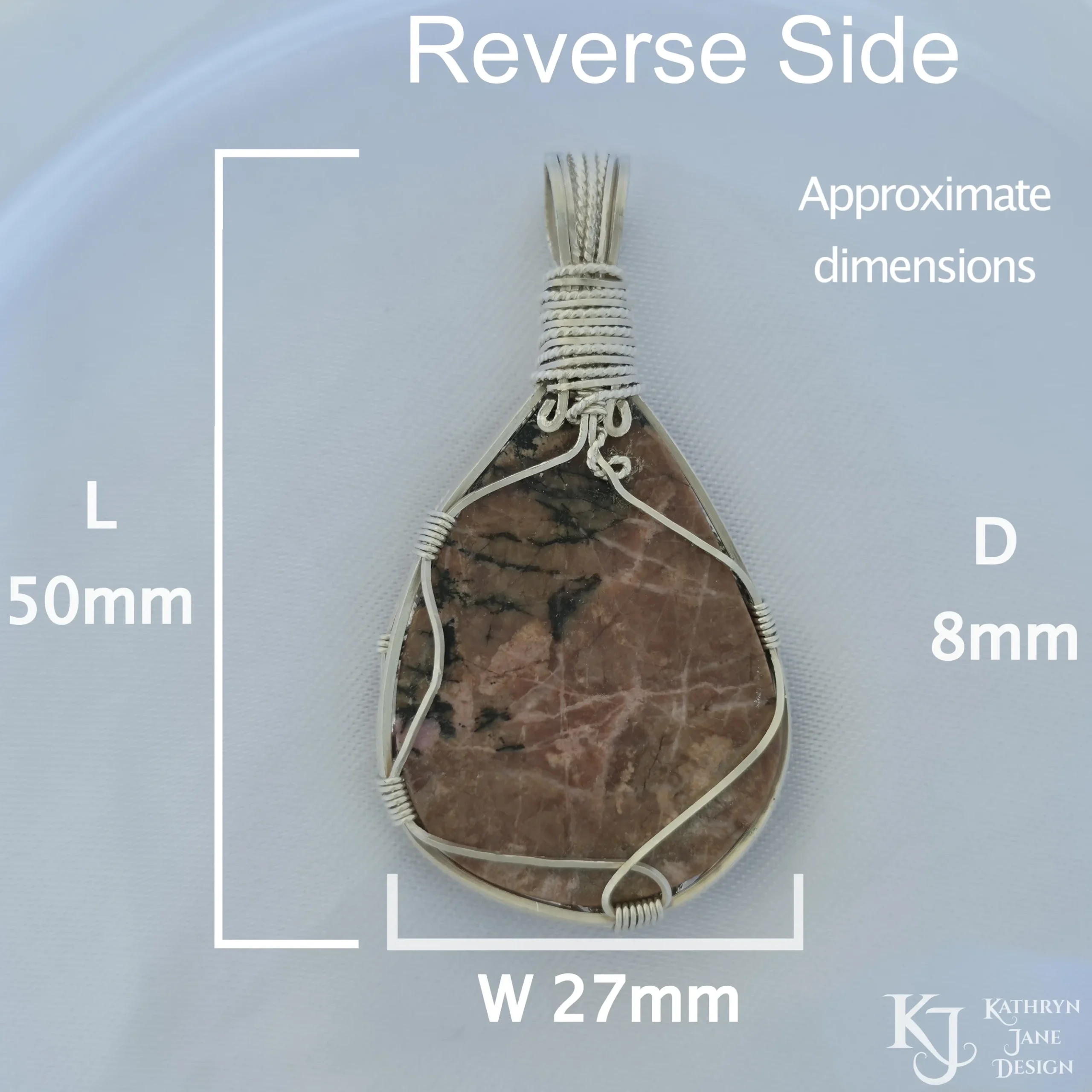Reverse side of rhodonite pendant. Dimensions length 50mm, width 27mm depth 8mm. Kathryn Jane Design sterling silver wire wrapped pendant, rhodonite