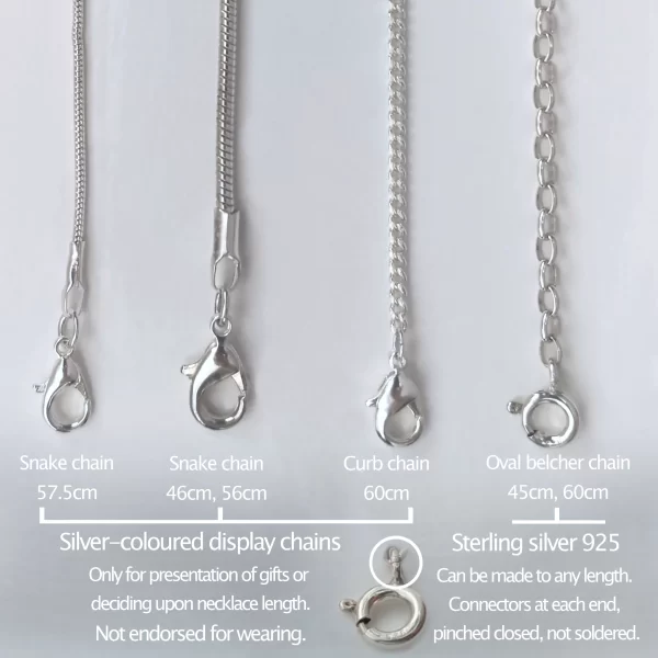 Four different types of necklace chain. One is an oval belcher in sterling silver, the other three are silver-coloured display chains. White painted background.