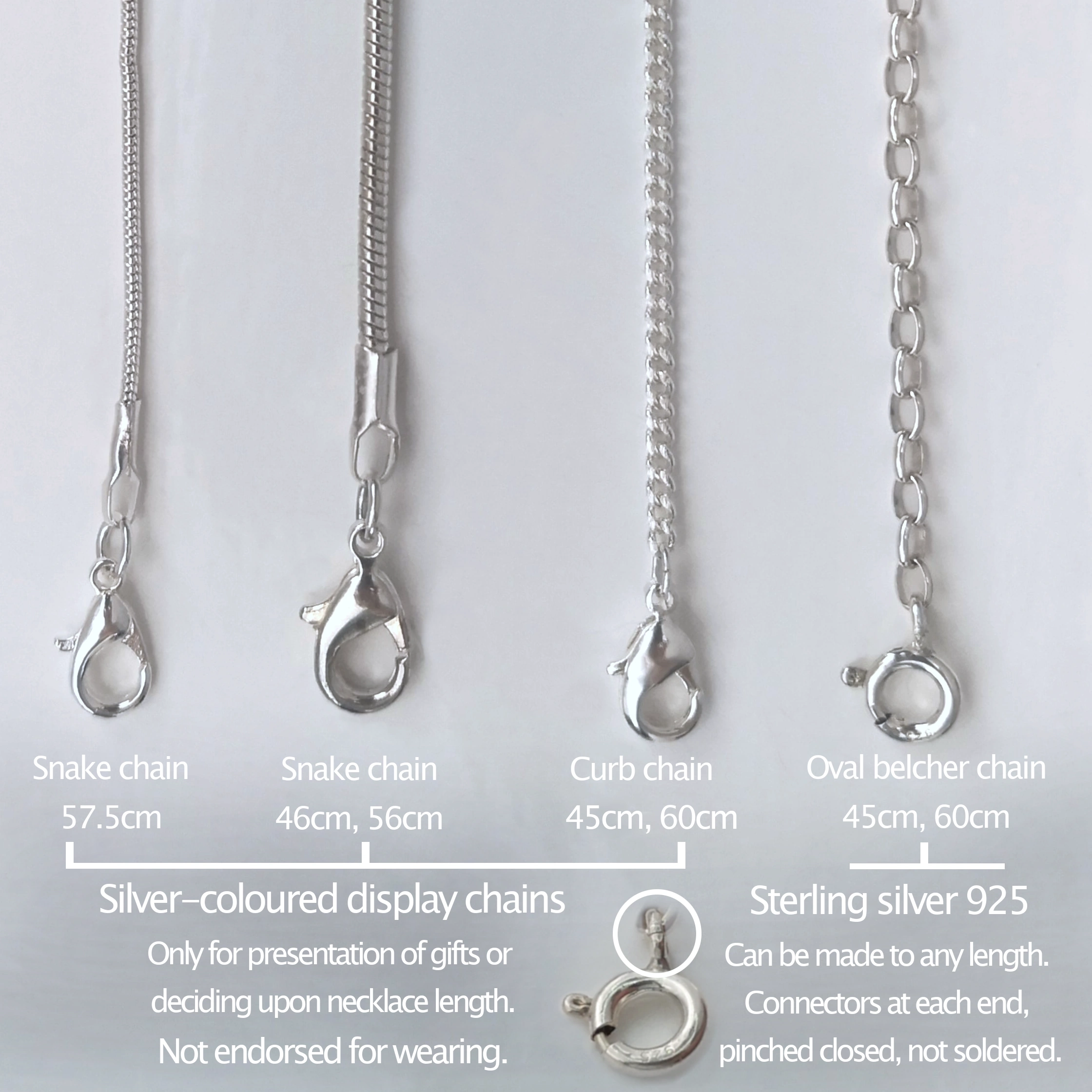 Four different types of necklace chain. One is an oval belcher in sterling silver, the other three are silver-coloured display chains. White painted background.