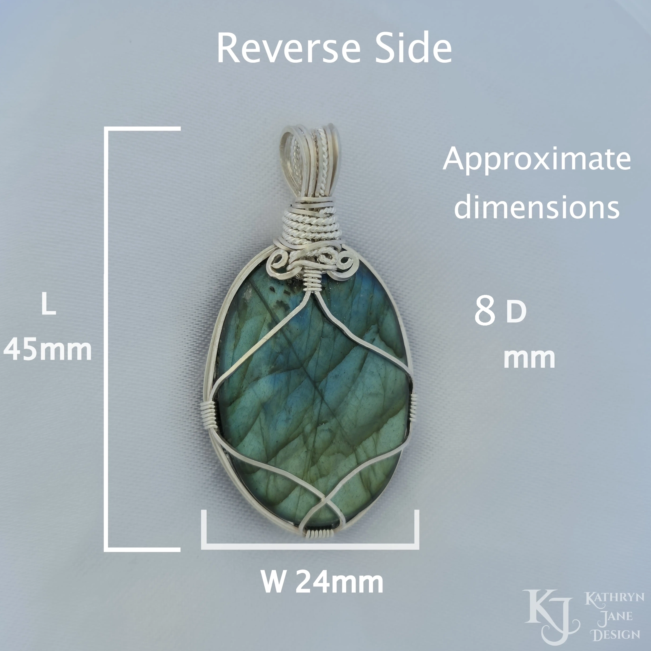 Kathryn Jane Design wire-wrapped labradorite pendant with sterling silver forming a framework. White background. Reverse side. Length 45mm, width 24mm, depth 9mm