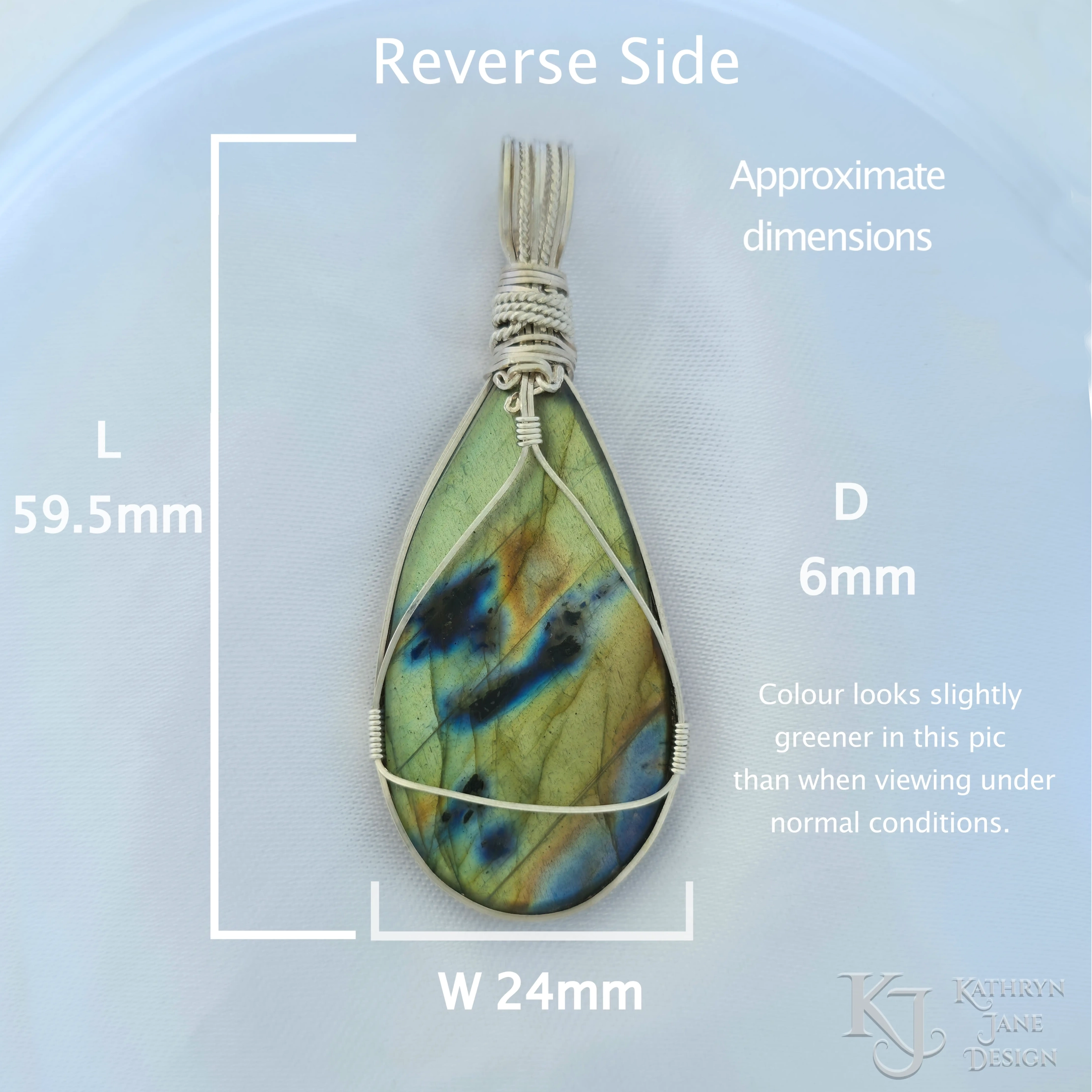 Kathryn Jane Design wire-wrapped labradorite pendant with sterling silver forming a framework. White background. Reverse side. Length 59.5mm, width 24mm, depth 6mm