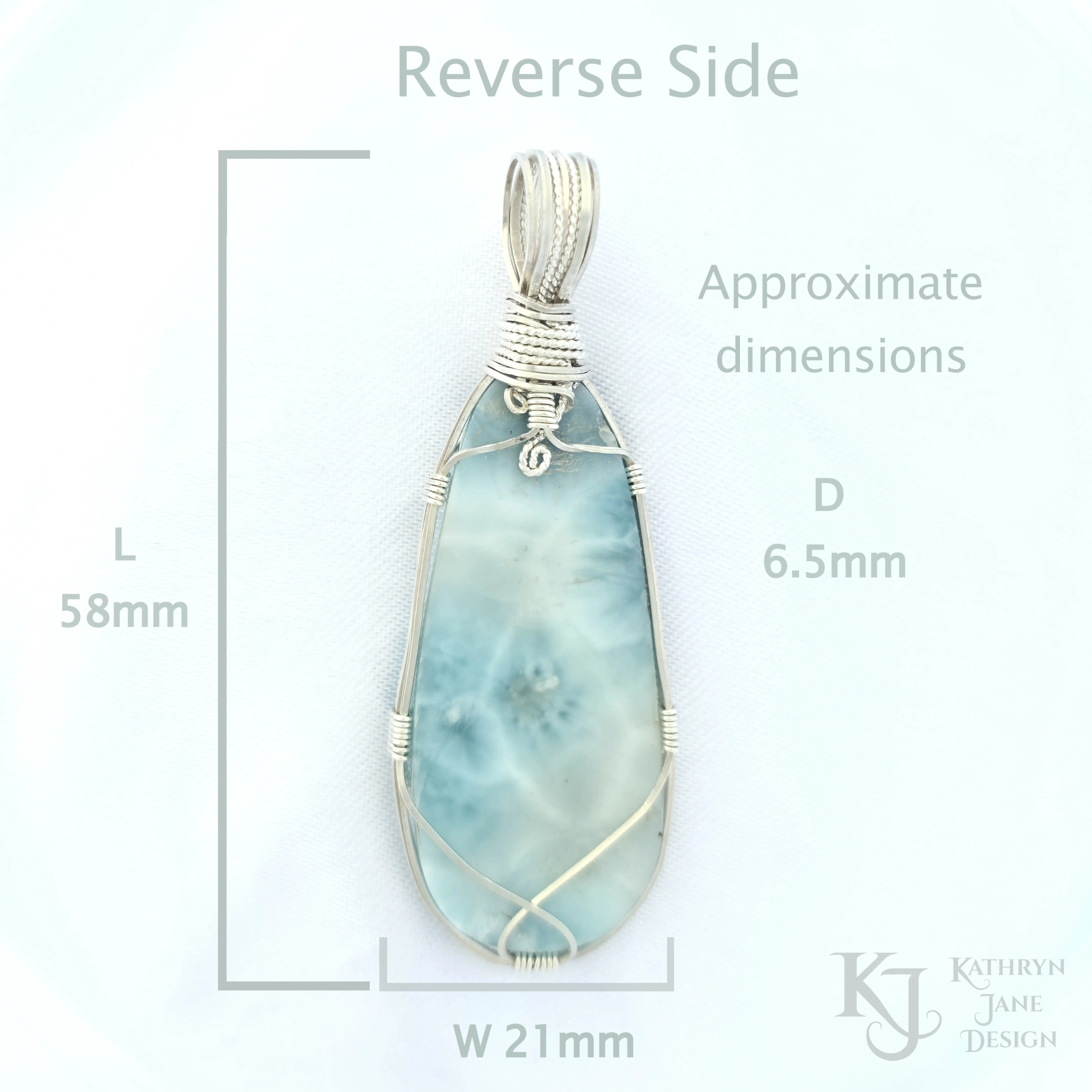 Reverse side of turquoise-blue larimar pendant, with square and twisted sterling silver wire support and bail by Kathryn Jane Design. White background. Dimensions shown length 58mm, width 21mm, depth 6.5mm