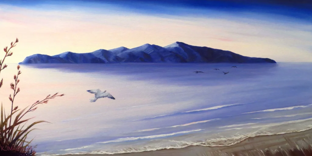 Original oil painting of Kapiti Island with seagull in foreground