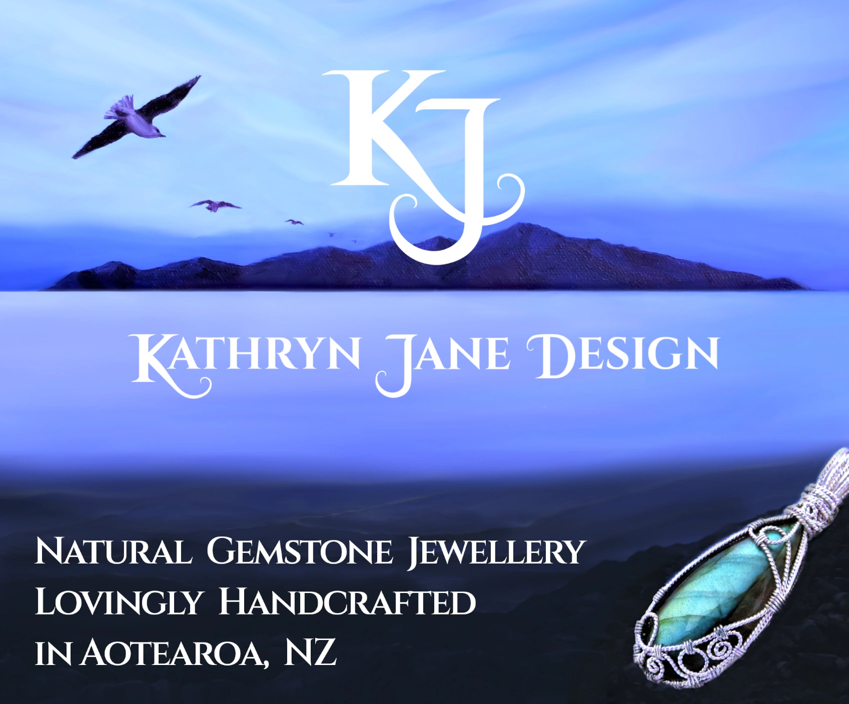 KJ, Kathryn Jane Design logo. White K and J interlocking in centre. Painting in blues and purples showing part of Kapiti Island, New Zealand, in background, with silhouettes of three seagulls flying towards it. A calm sea in middle-distance. Rocks on the foreground, upon them a labradorite gemstone crystal wire-wrapped in sterling silver twisted spirals.