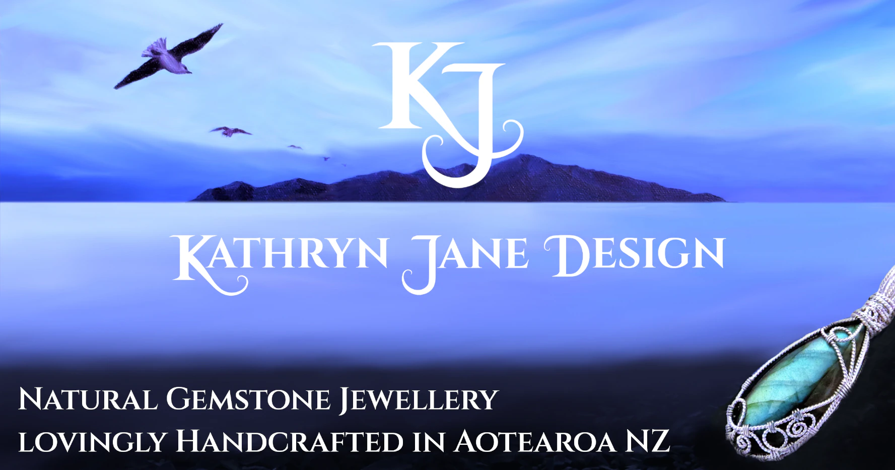 KJ, Kathryn Jane Design landscape logo. Painted background of Kapiti Island, NZ, with handcrafted labradorite pendant with silver spiral wirework in the foreground